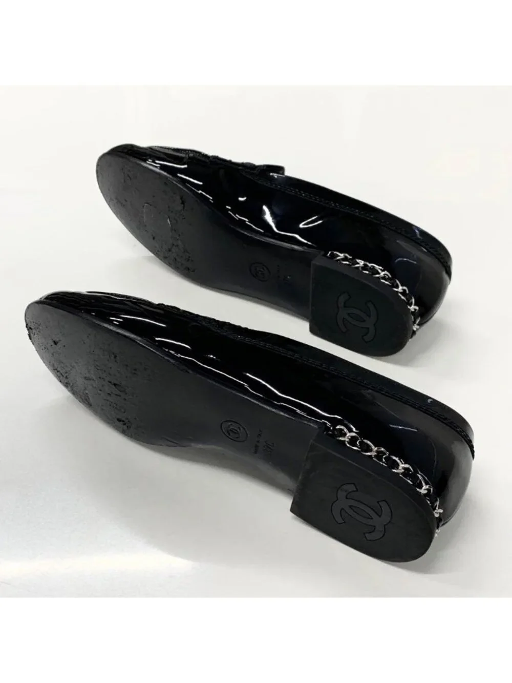 Chanel Patent Coco Mark Chain Loafers Black White